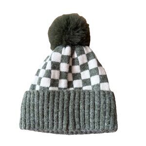 Bubu Checker Pom Beanie Kids Size Medium 1-6 Years‎ Olive Green